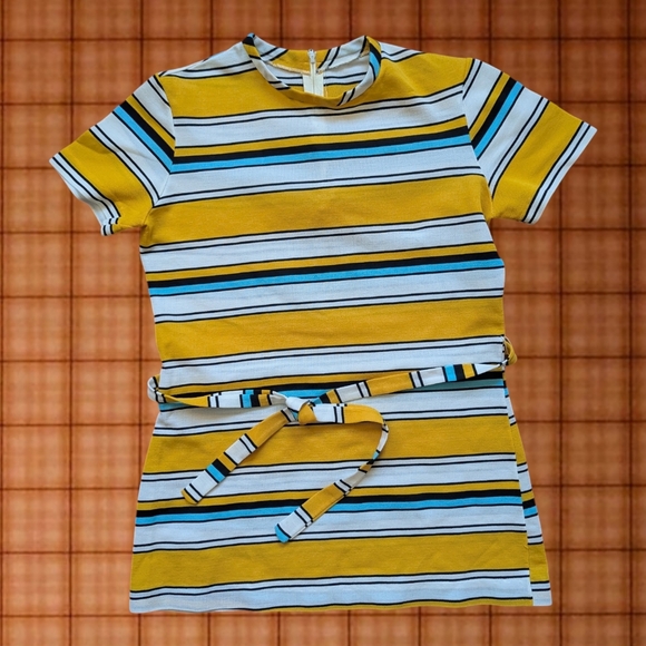 Vintage High Neck Teal And Yellow Striped Belted Tee - Picture 2 of 9